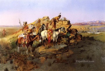 watching the settlers 1895 Charles Marion Russell American Indians Oil Paintings